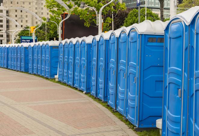 a line of portable restrooms set up for a wedding or special event, ensuring guests have access to comfortable and clean facilities throughout the duration of the celebration in Derry, NH